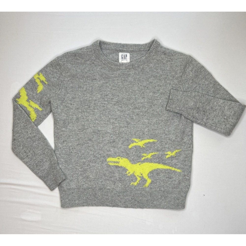 GAP Preppy Gray Wool Blend Neon T Rex Dinosaur School Sweater Kids SMALL (6-7)‎